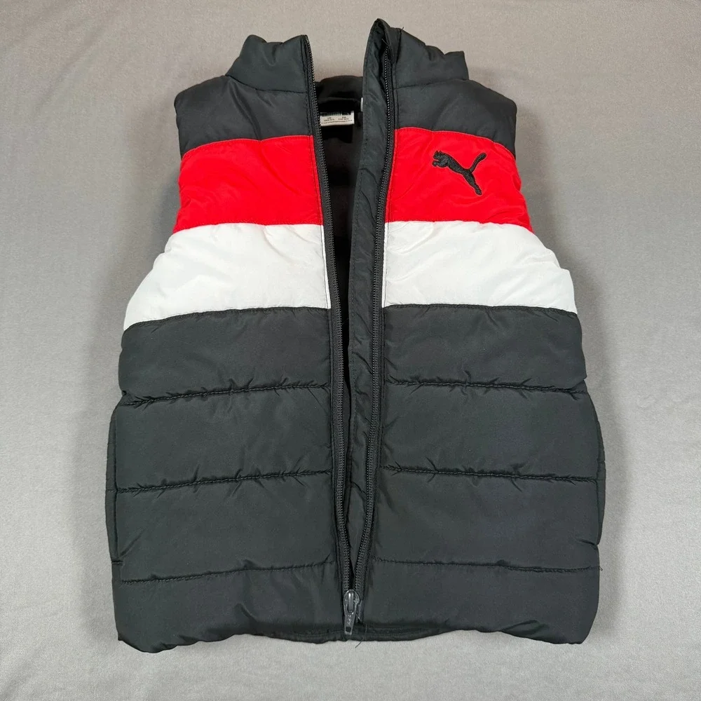 Puma Kids Puffer Vest Black Red‎ White Colorblock Zip Sleeveless 1333175 XXS 3/4